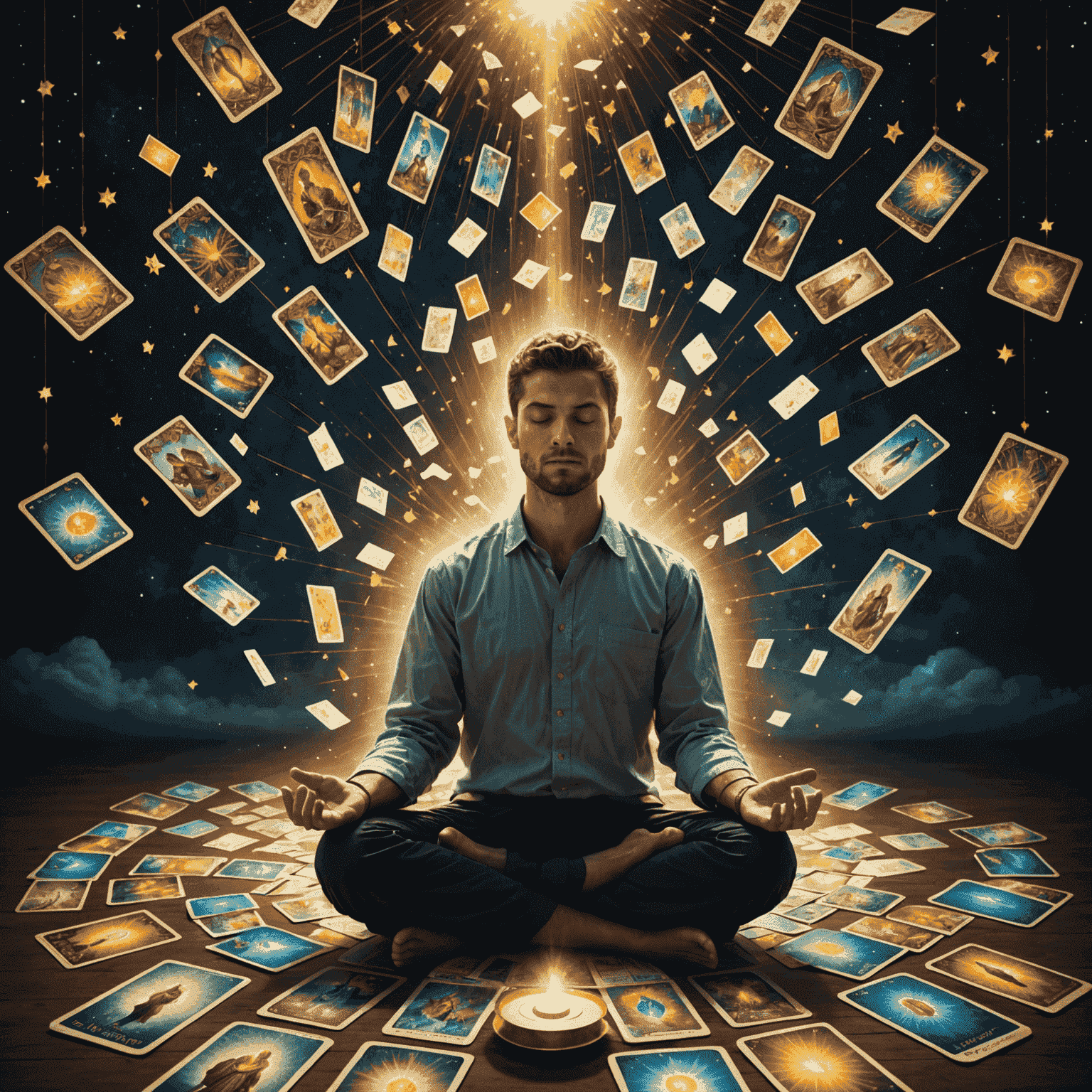 Egy személy meditál, körülötte lebegő tarot kártyák. A fejéből fénysugarak áradnak, amelyek megvilágítják a kártyákat, szimbolizálva a belső bölcsesség és a tarot kapcsolatát.